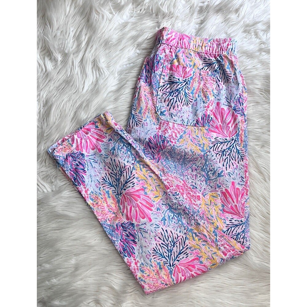 Lilly Pulitzer Taron 100% Linen Pants M Coastal Coral Print Drawstring Pull On - Picture 14 of 15
